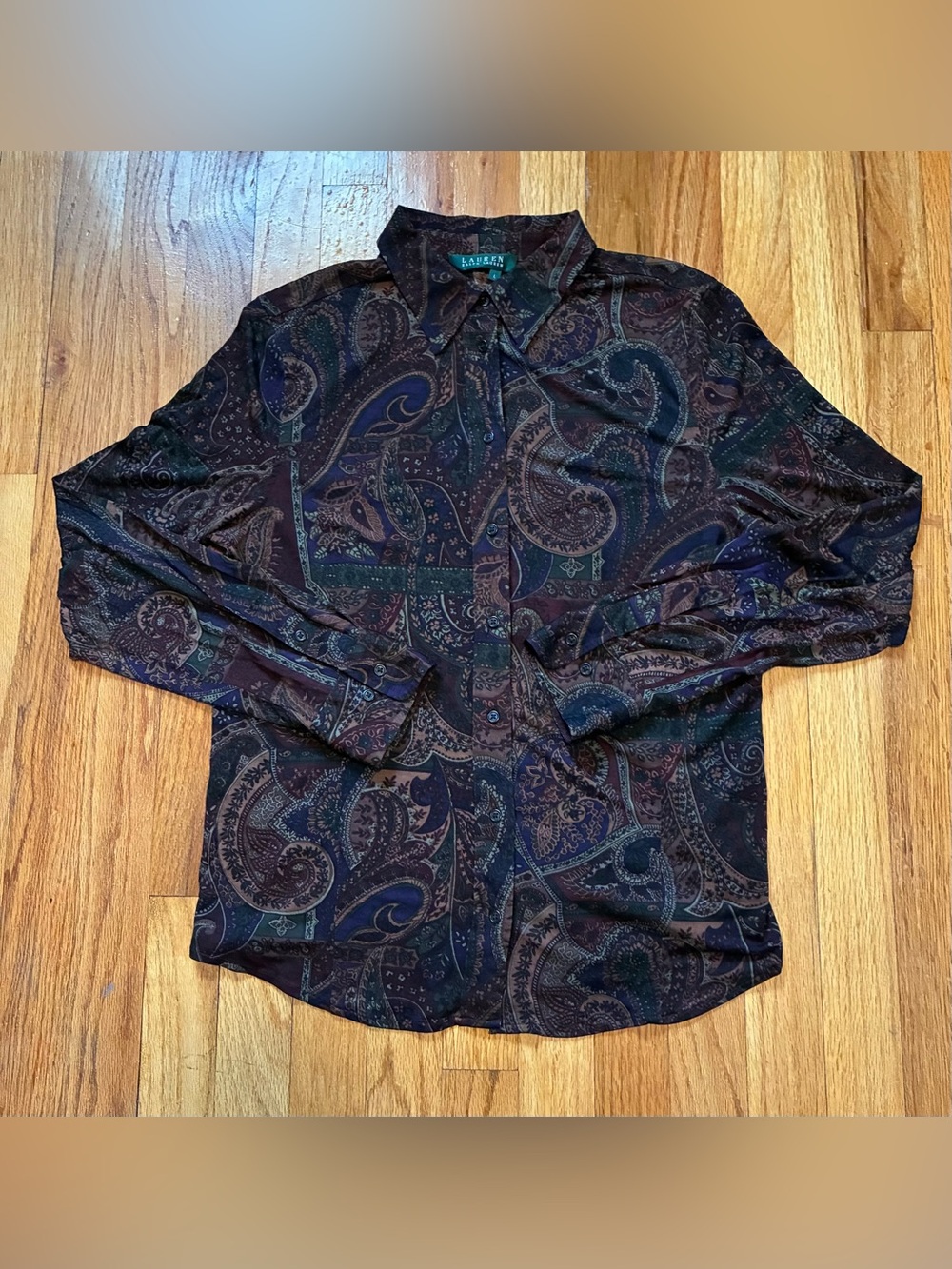 Lauren Ralph Lauren Brown Blue Multi Paisley Long Sleeve ButtonUp Shirt Womens L